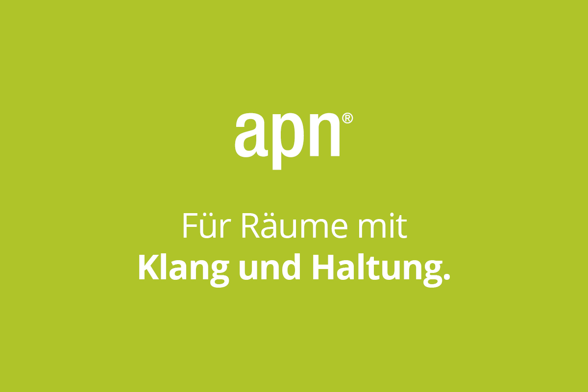 Apfelgrüner Hintergrund. Mittig in weißer Schrift: 'apn – Für Räume mit Klang und Haltung.'
