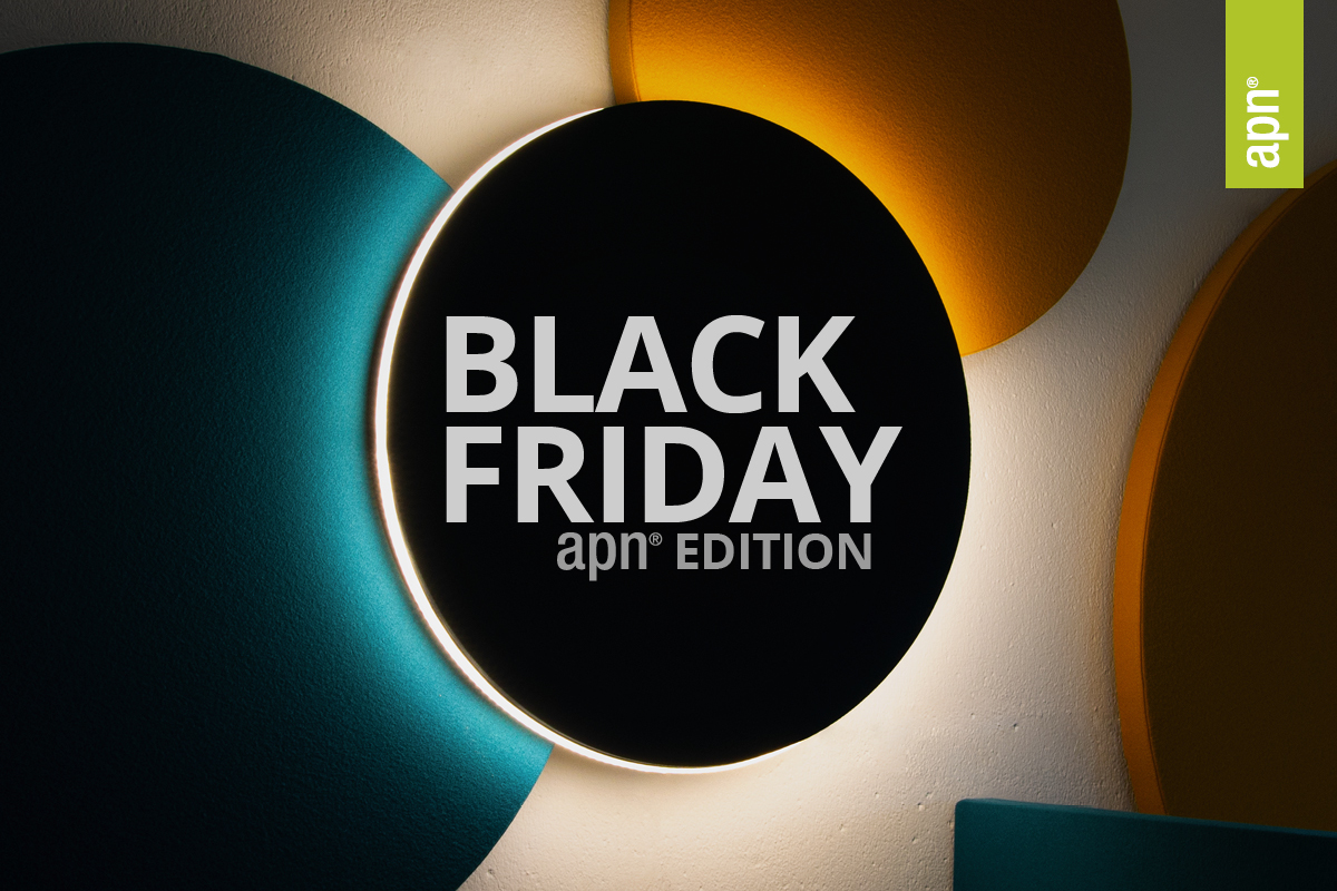 Black Friday, schwarze Akustikleuchte mit hellem umliegenden Schein