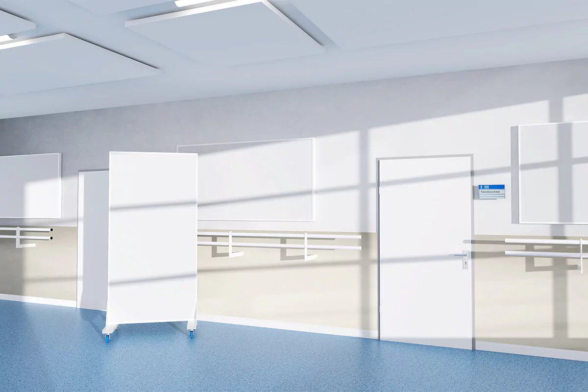 Krankenhausflur Patientenzimmer Raumakustik Akustikraumteiler Wandabsorber Deckenabsorber